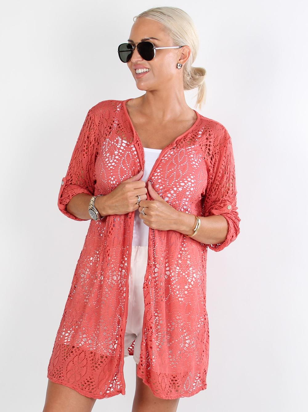 Long Madelyn - Armygrøn cardigan i hæklet look